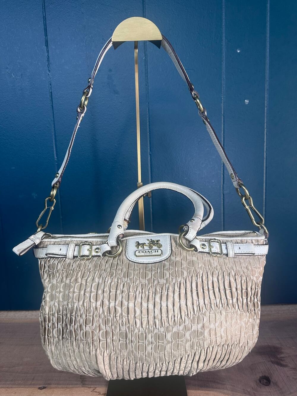 Coach 13885 Signature Ruched Pleated Satchel Shoulder Bag White Leather Y2K